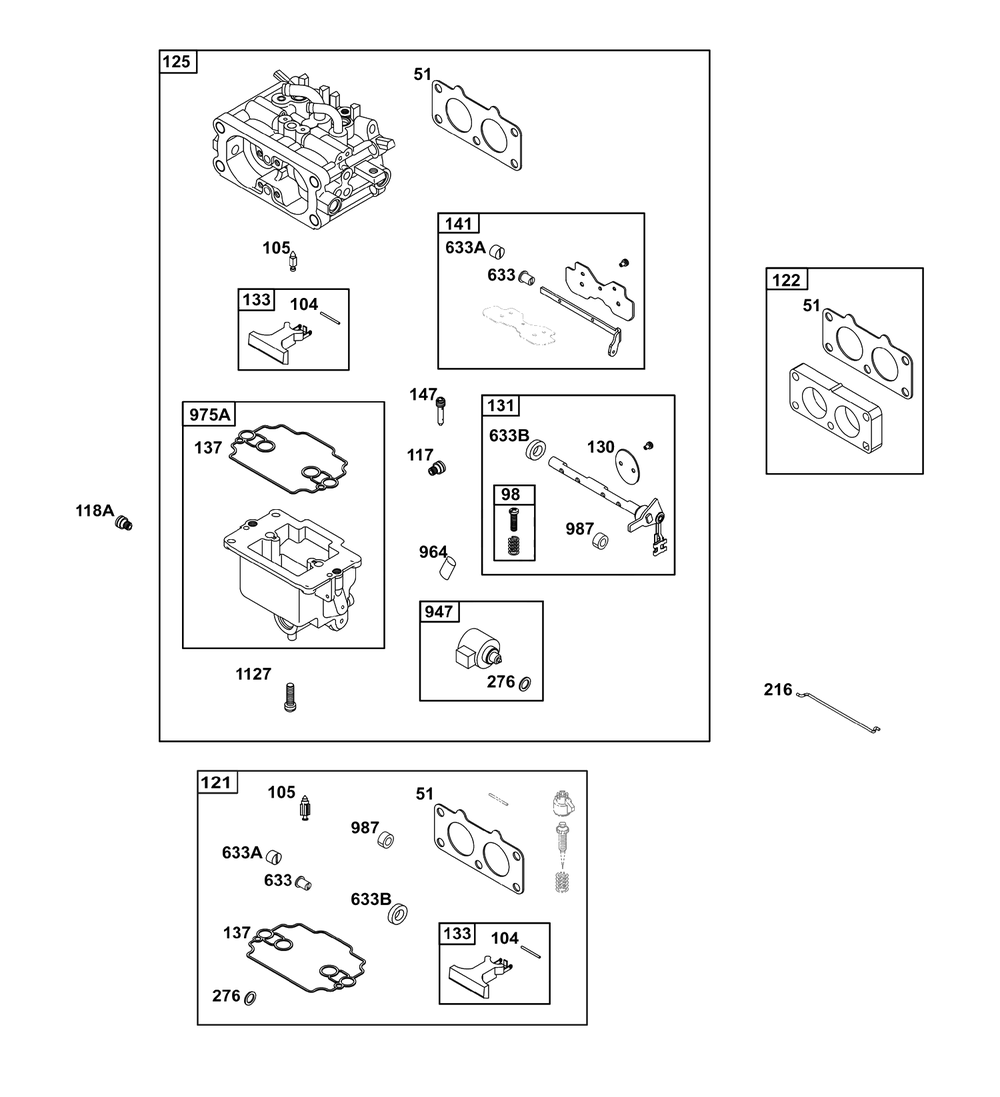 Carburetor Group Diagram and Parts List for 386777-0011-G1  Briggs and Stratton Engine
